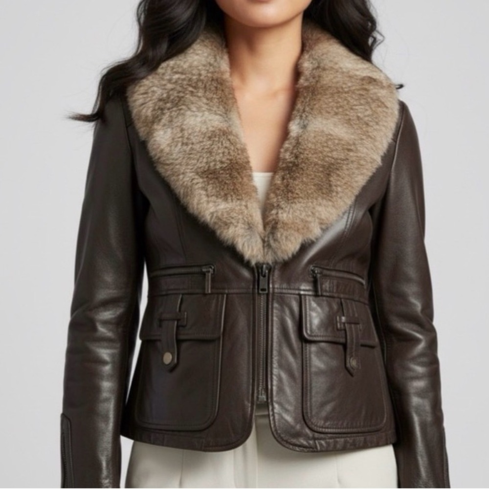 Laundry by Shelli Segal, Brown Leather Jacket with Detachable Fur Collar - Picture 3 of 14